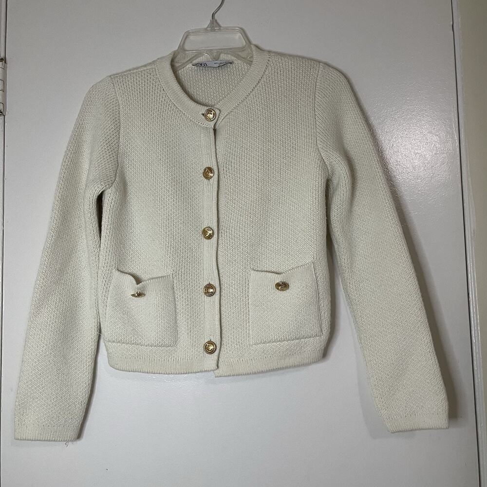 ZARA ivory cream acrylic knit cardigan gold button sweater size Small